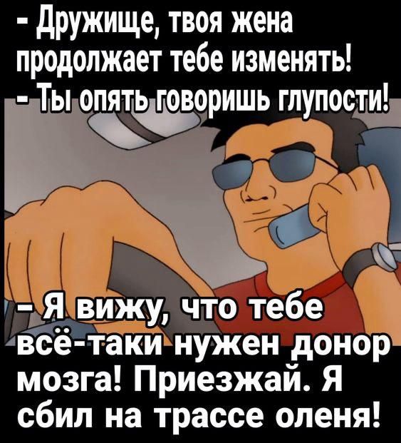 Дружище, твоя жена продолжает тебе изменять!
- Ты опять говоришь глупости!
- Я вижу, что тебе всё-таки нужен донор мозга! Приезжай. Я сбил на трассе оленя!