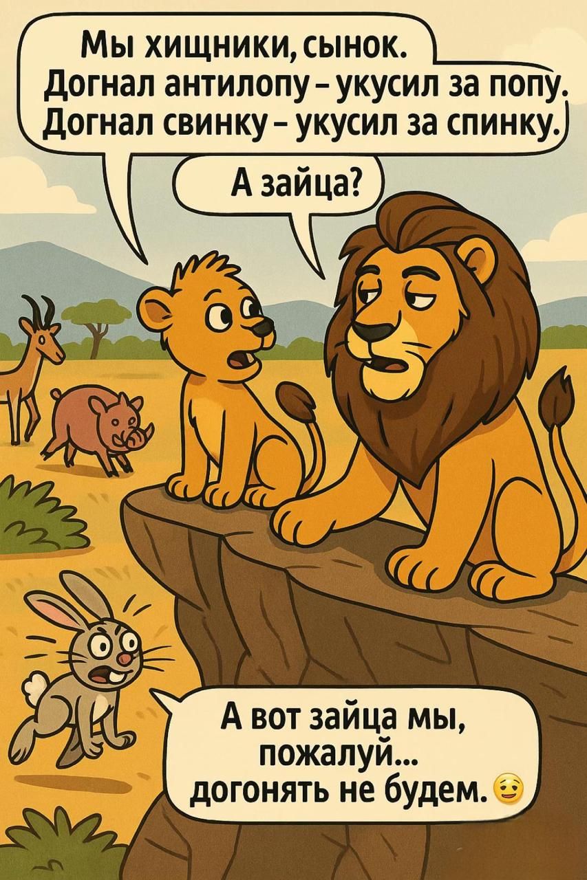 Мы хищники, сынок. Догнал антилопу – укусил за попу. Догнал свинку – укусил за спинку. А зайца? А вот зайца мы, пожалуй... догонять не будем.