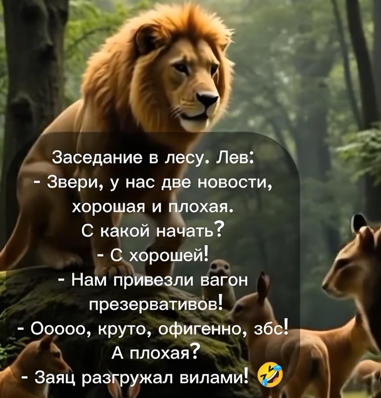 Заседание в лесу. Лев:
- Звери, у нас две новости, хорошая и плохая.
С какой начать?
- С хорошей!
- Нам привезли вагон презервативов!
- Ооооо, круто, офигенно, збс!
А плохая?
- Заяц разгружал вилками!