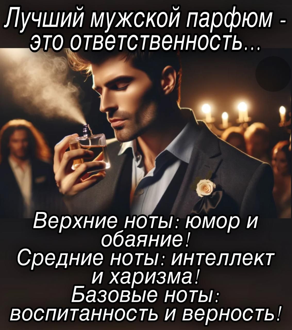 Лучший мужской парфюм - это ответственность...

Верхние ноты: юмор и обаяние!
Средние ноты: интеллект и харизма!
Базовые ноты: воспитанность и верность!