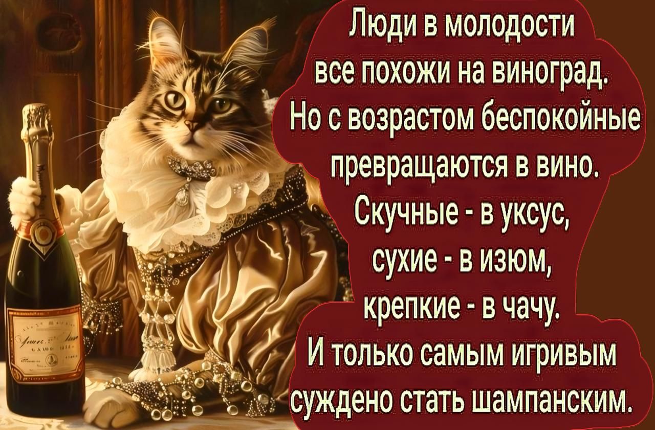 Люди в молодости все похожи на виноград. Но с возрастом беспокойные превращаются в вино. Скучные - в уксус, сухие - в изюм, крепкие - в чачу. И только самым игривым суждено стать шампанским.