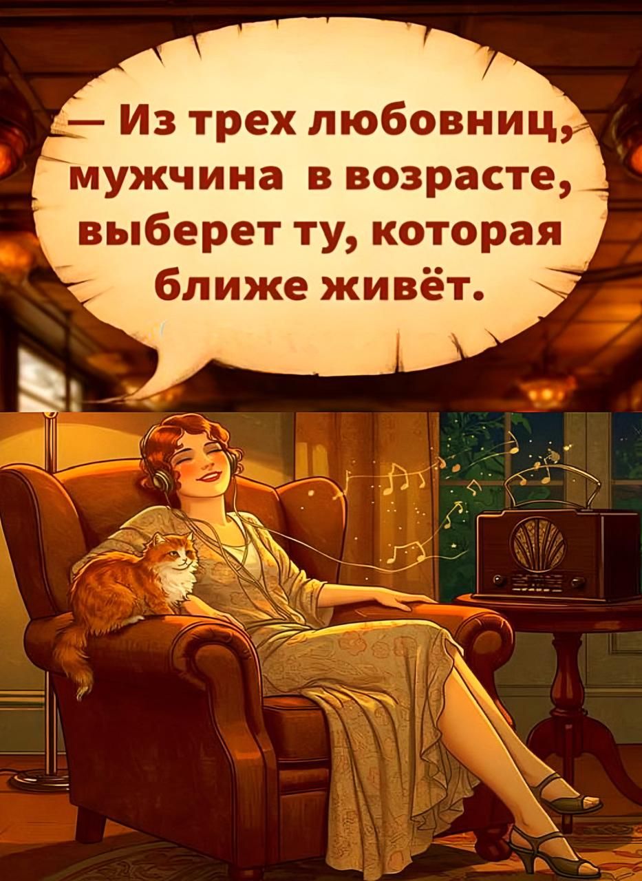 Из трех любовниц, мужчина в возрасте, выберет ту, которая близже живёт.