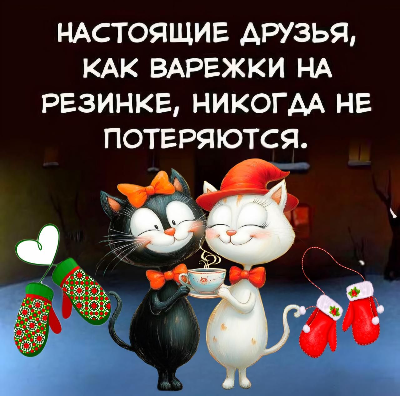 НАСТОЯЩИЕ ДРУЗЬЯ, КАК ВАРЕЖКИ НА РЕЗИНКЕ, НИКОГДА НЕ ПОТЕРЯЮТСЯ.