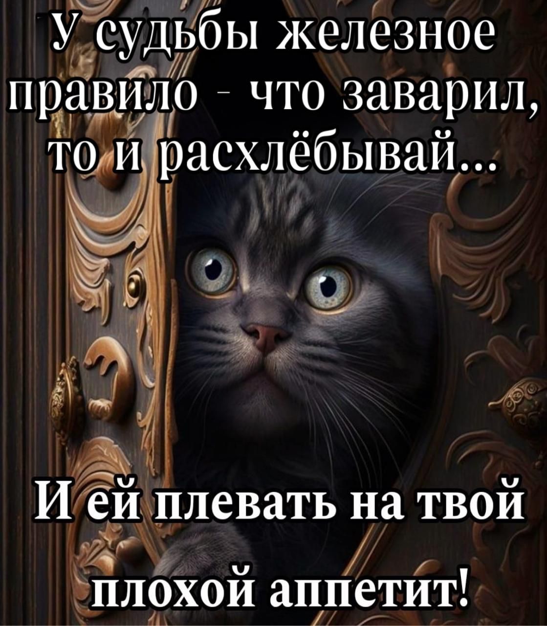 У судьбы железное правило - что заварил, то и расхлёбывай...
И ей плевать на твой плохой аппетит!
