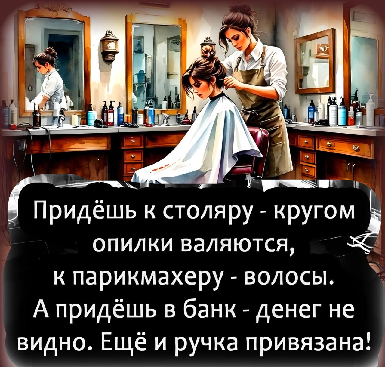 Приедь к столяру - кругом опилки валяются, к парикмахеру - волосы. А придёшь в банк - денег не видно. Ещё и ручка привязана!