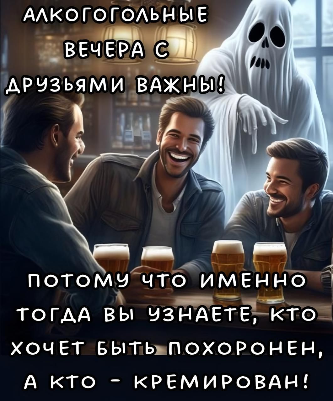 АЛКОГОЛЬНЫЕ
ВЕЧЕРА С
ДРУЗЬЯМИ ВАЖНЫ!

ПОТОМУ ЧТО ИМЕННО ТОГДА ВЫ УЗНАЕТЕ, КТО ХОЧЕТ БЫТЬ ПОХОРОНЕН, А КТО - КРЕМИРОВАН!