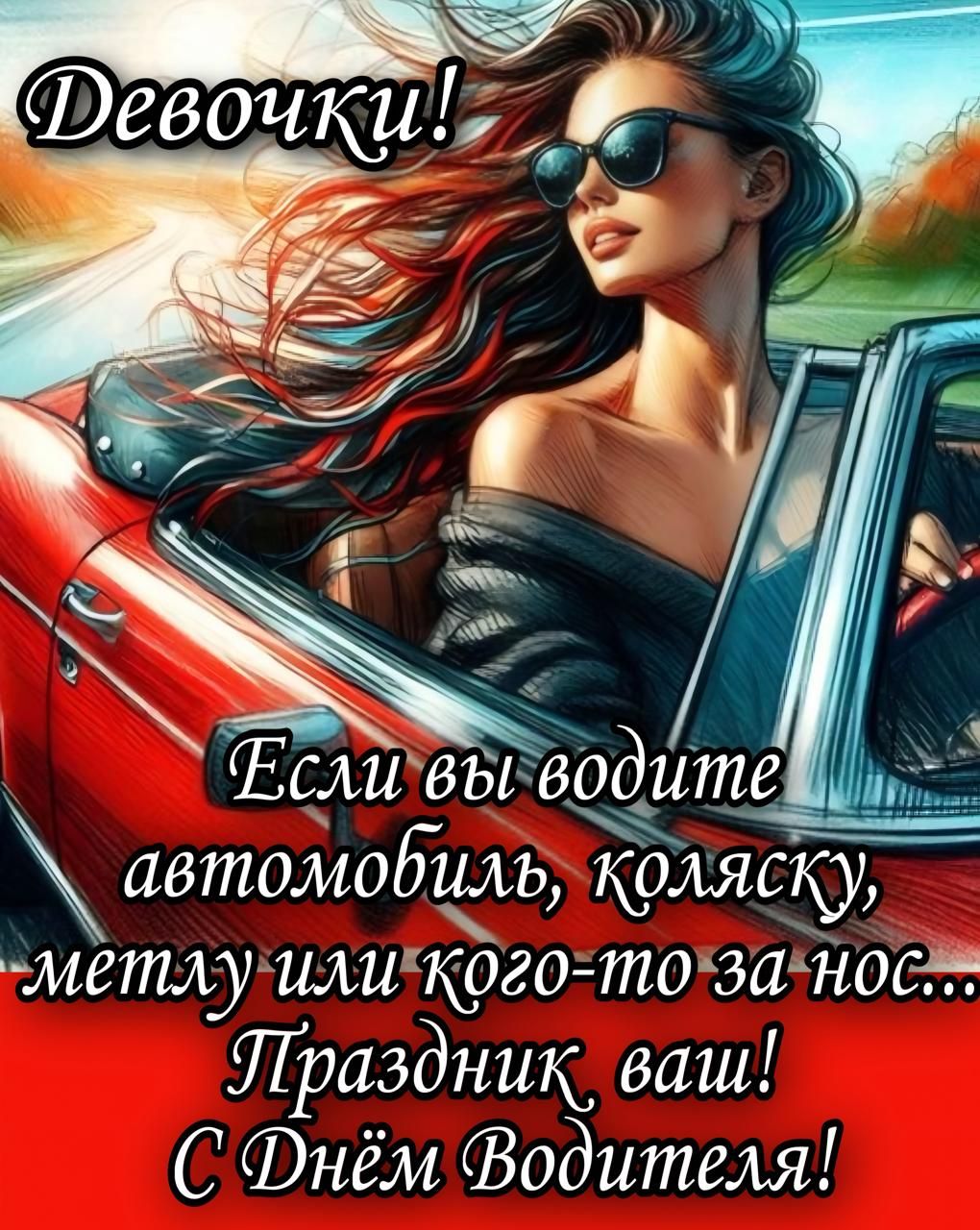 Девочки!\nЕсли вы водите автомобиль, коляску, телу или кого-то за нос...\nПраздник ваш!\nС Днём Водителя!