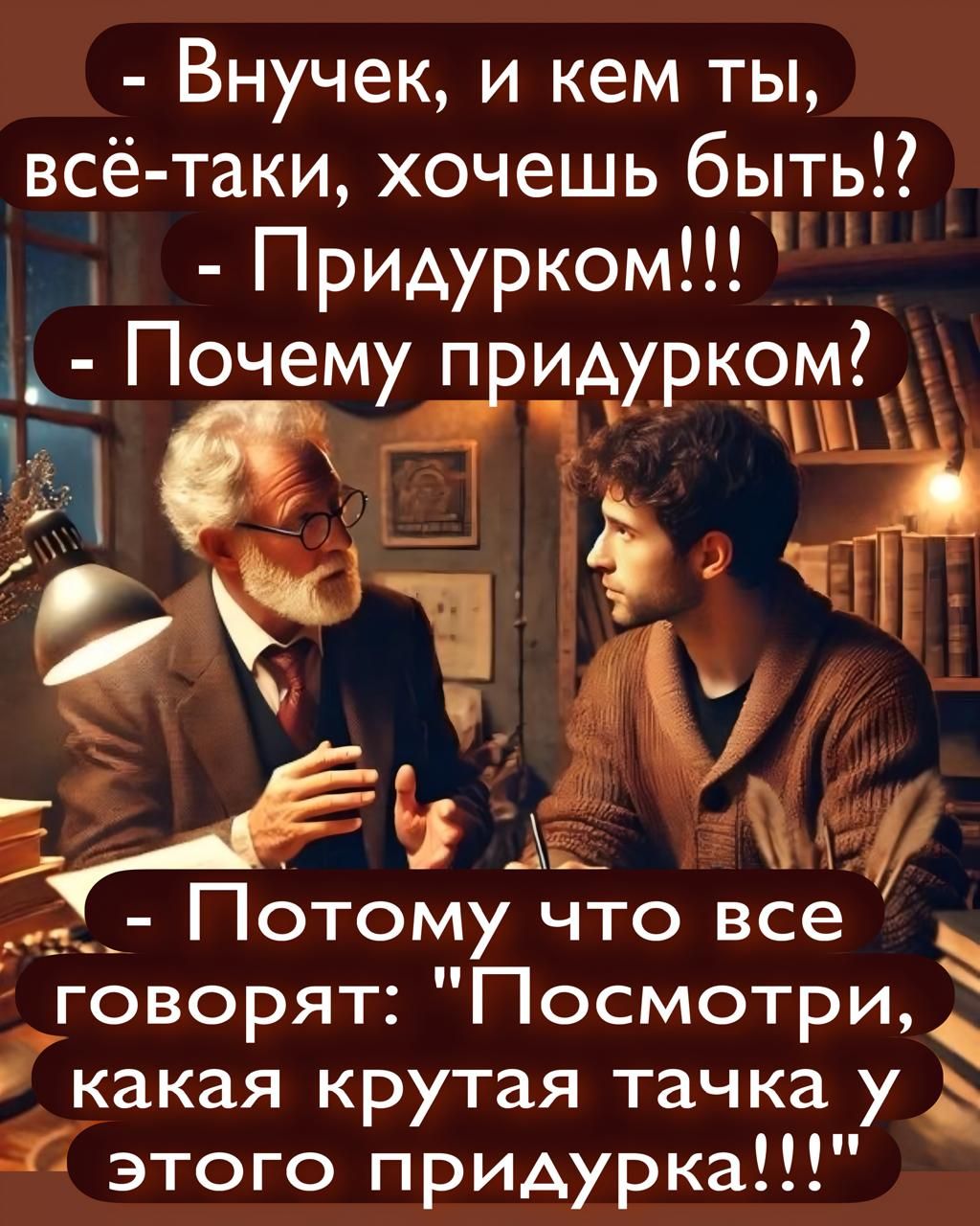 - Внучек, и кем ты, всё-таки, хочешь быть?!? - Придурком!!! - Почему придурком? - Потому что все говорят: \