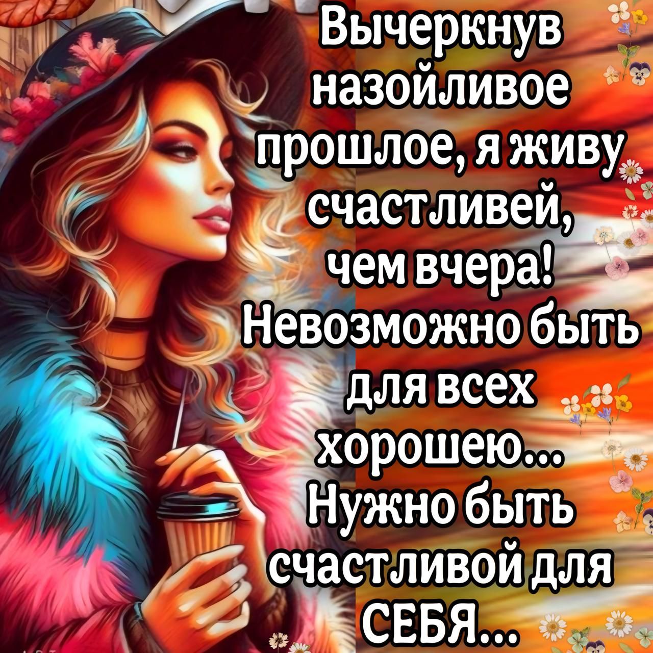 Вычеркнув назойливое прошлое, я живу счастливей, чем вчера! Невозможно быть для всех хорошей... Нужно быть счастливой для СЕБЯ...