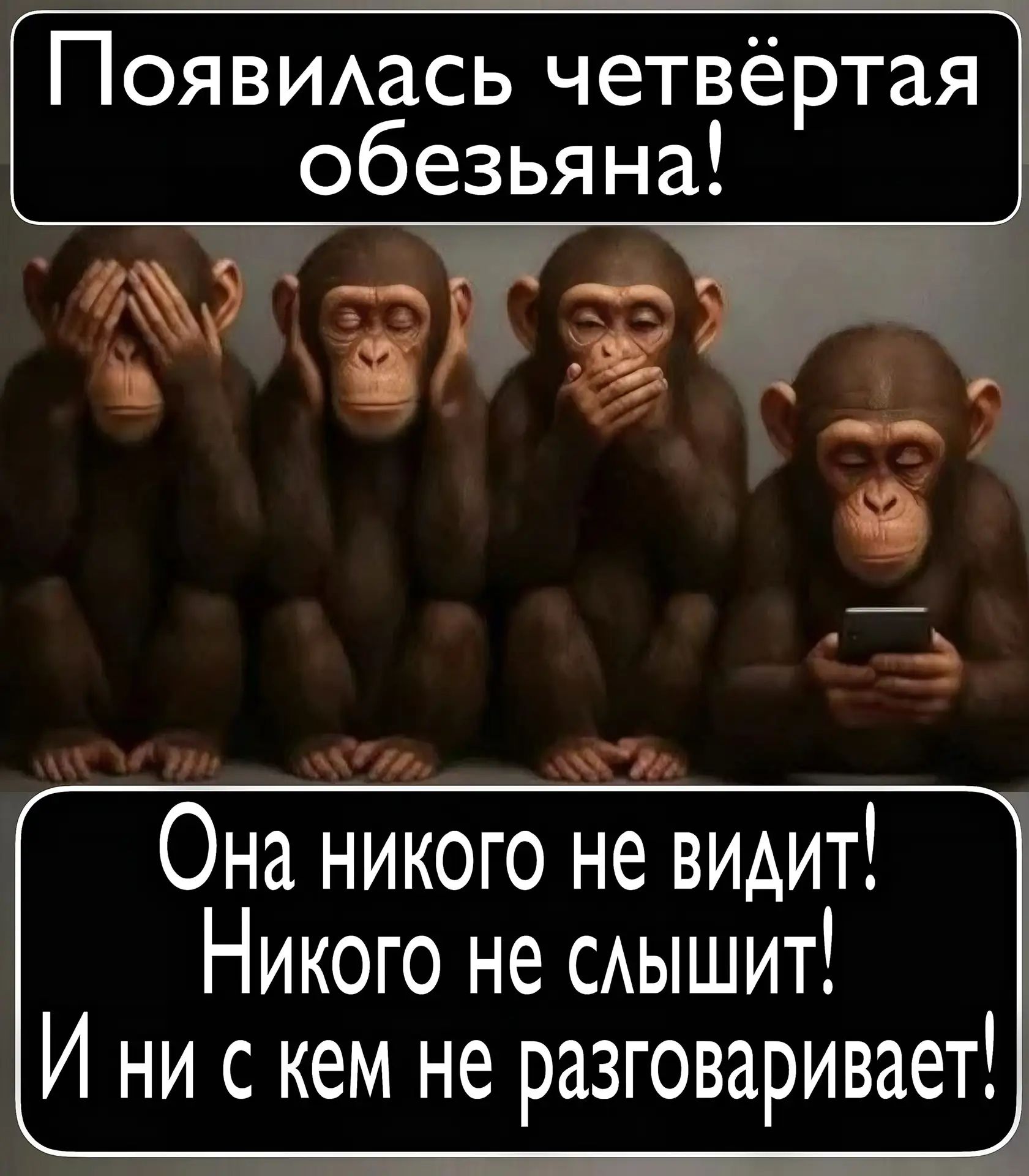 Появилась четвертая обезьяна! Она никого не видит! Никого не слышит! И ни с кем не разговаривает!