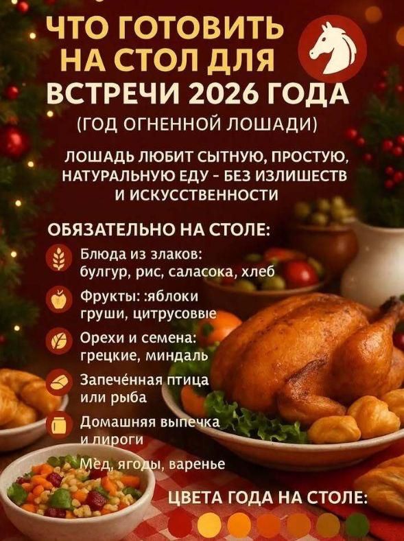 ЧТО ГОТОВИТЬ НА СТОЛ ДЛЯ ВСТРЕЧИ 2026 ГОДА (ГОД ОГНЕННОЙ ЛОШАДИ) ЛОШАДЬ ЛЮБИТ СЫТНУЮ ЕДУ — БЕЗ ИЗЛИШЕСТВ И ИСКУСТВЕННОСТИ. ОБЯЗАТЕЛЬНО НА СТОЛЕ: блюда из злаков: булгур, рис, хлеб; фрукты: яблоки, груши, цитрусовые; орехи и семена: грецкие, миндаль; запечённая птица или рыба; домашняя выпечка и пироги; мед, ягоды, варенье. Цвета года на столе: …
