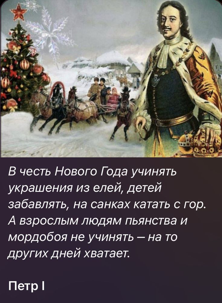 В честь Нового Года учинять украшения из елей, детей забавлять, на санках катать с гор. А взрослым людям пьянства и мордобоя не учинять — на то других дней хватает. Петр I