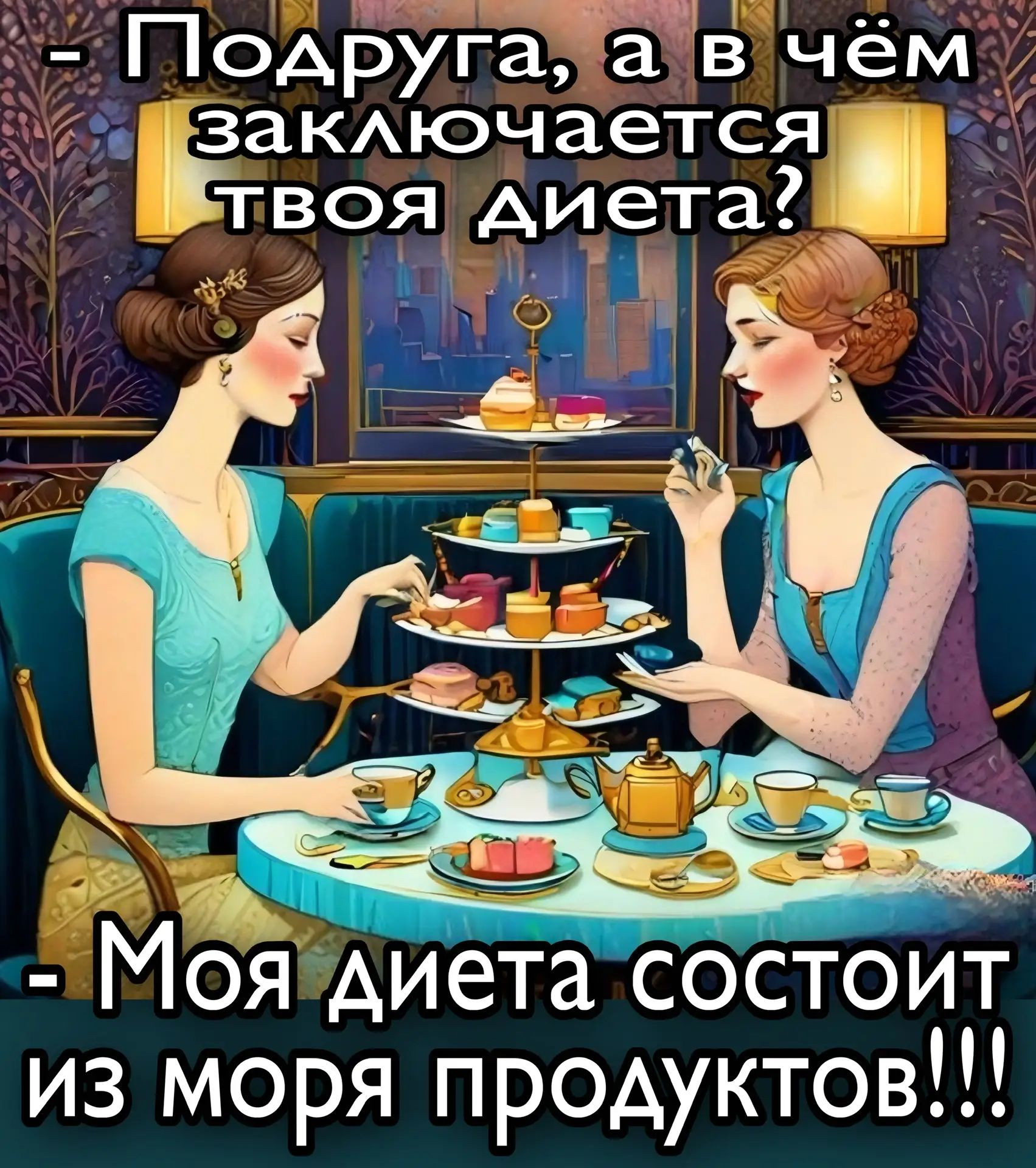 - Подруга, а в чём заключается твоя диета? - Моя диета состоит из моря продуктов!!!