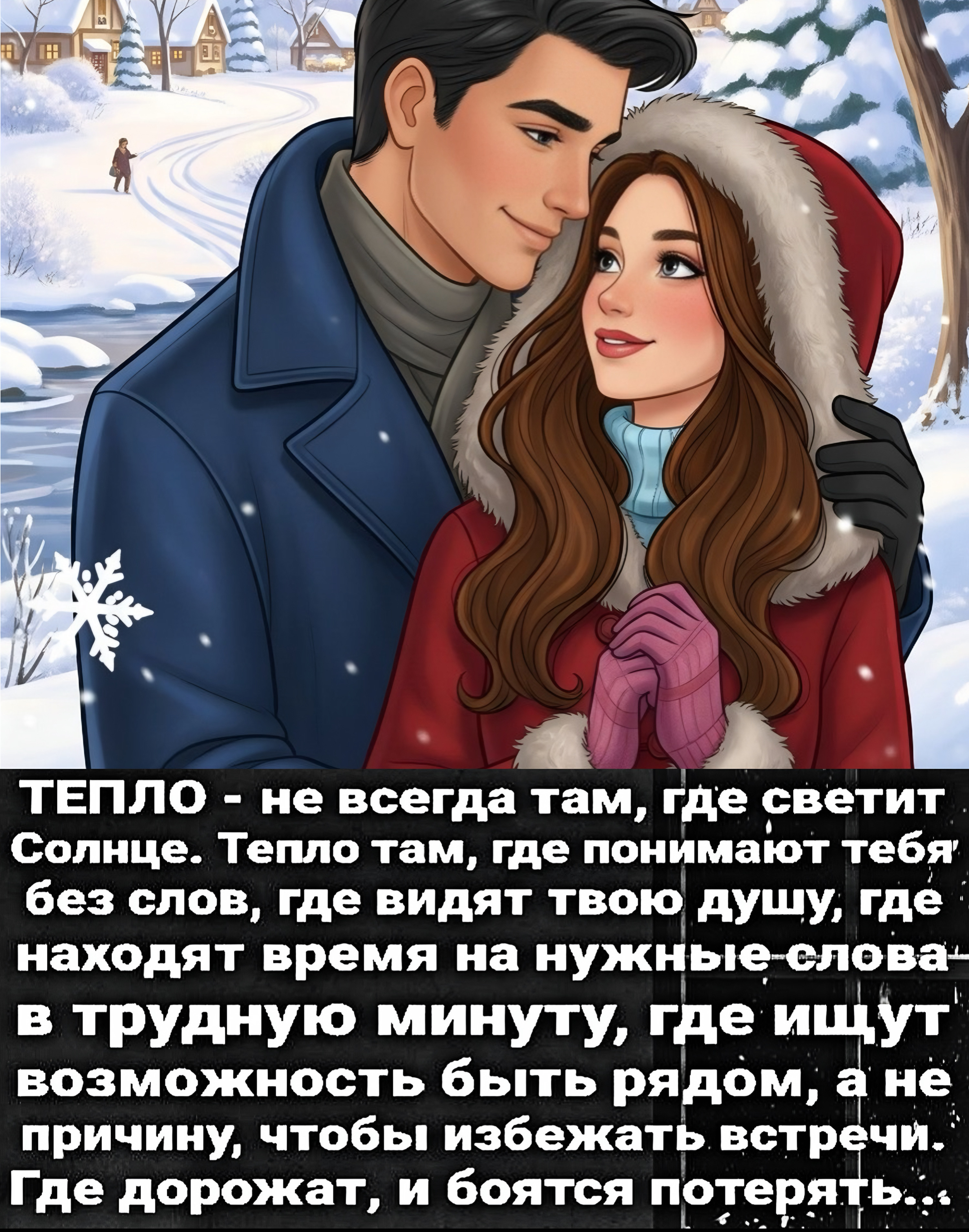 ТЕПЛО - не всегда там, где светит Солнце. Тепло там, где понимают тебя без слов, где видят твою душу, где находят время на нужные слова в трудную минуту, где ищут возможность быть рядом, а не причину, чтобы избежать встречи. Где дорожат, и боятся потерять...