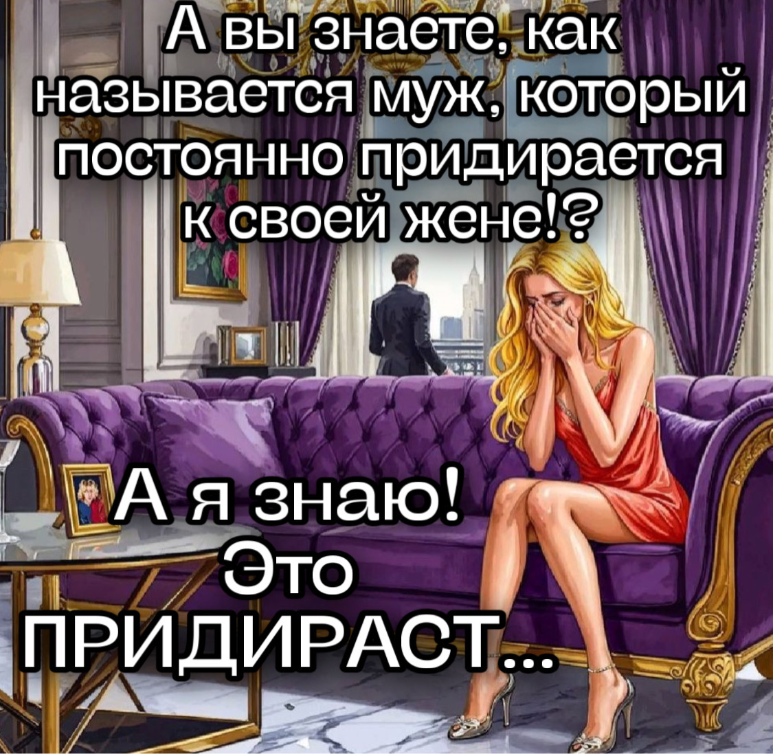 А вы знаете, как называется муж, который постоянно придирается к своей жене? А я знаю! Это придираст…