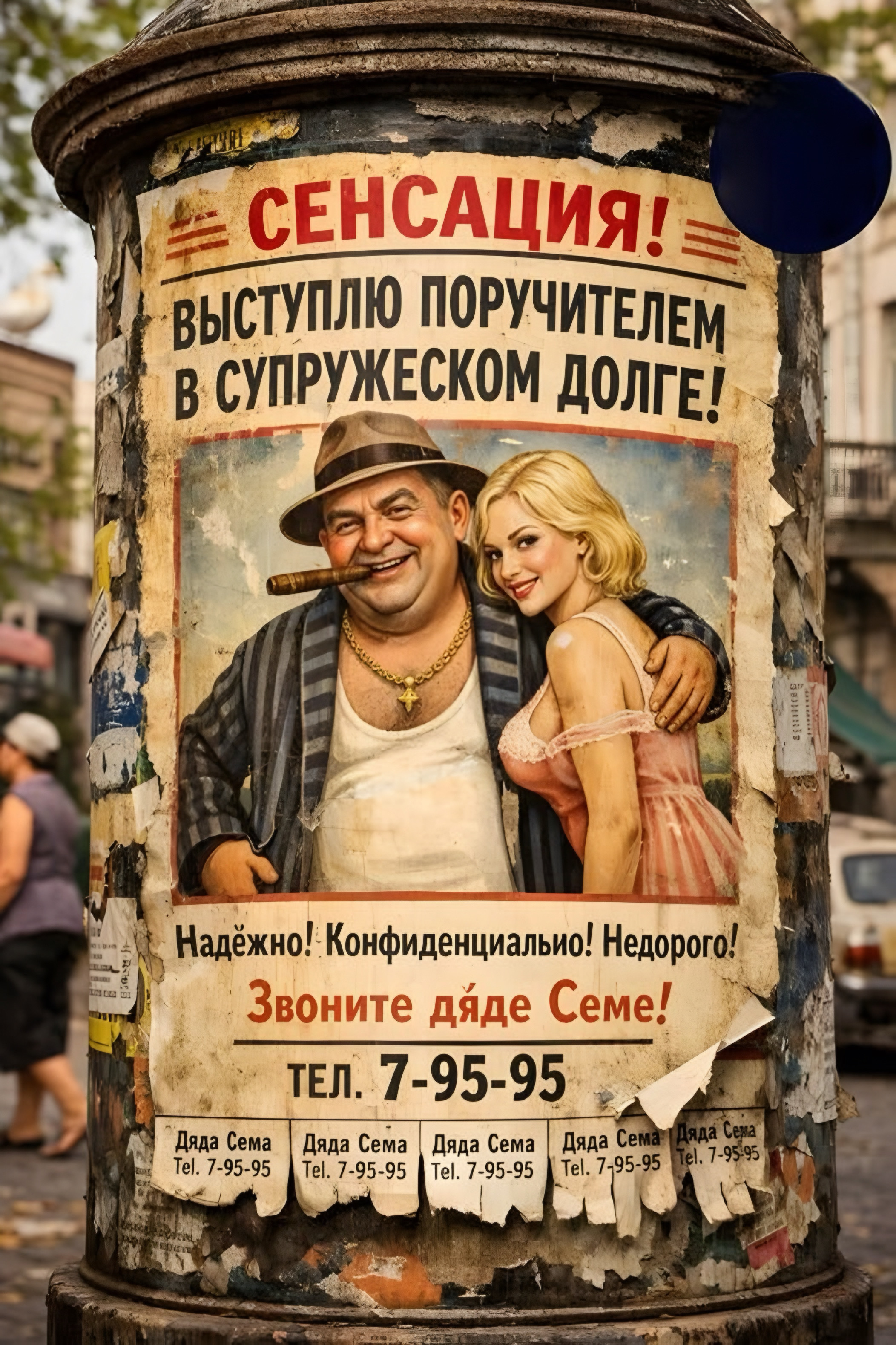 СЕНСАЦИЯ! ВЫСТУПЛЮ ПОРУЧИТЕЛЕМ В СУПРУЖЕСКОМ ДОЛГЕ! Надёжно! Конфиденциально! Недорого! Звоните дяде Семe! ТЕЛ. 7-95-95