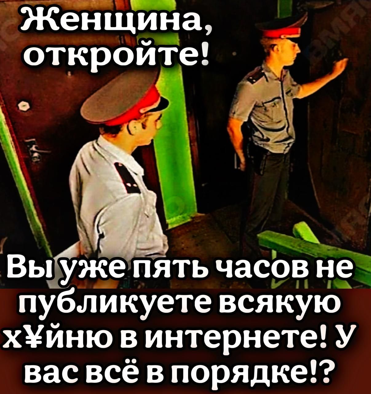 Женщина, откройте! Вы уже пять часов не публикуете всякую хрень в интернете! У вас всё в порядке!?