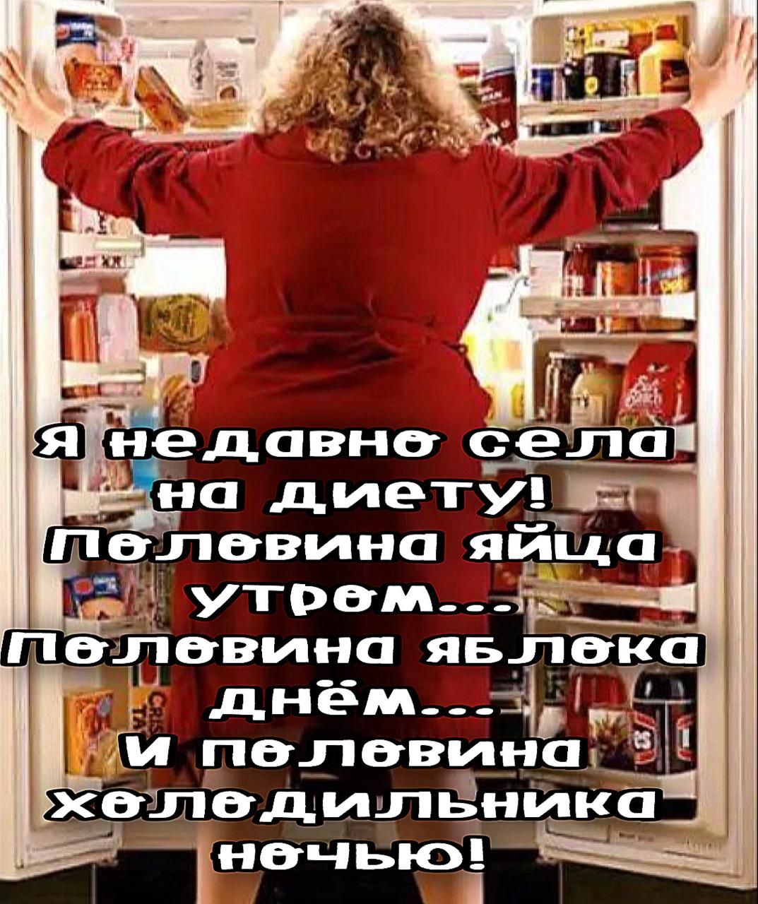 Я недавно села на диету! Половина яйца утром... Половина яблока днём... и половина холодильника ночью!