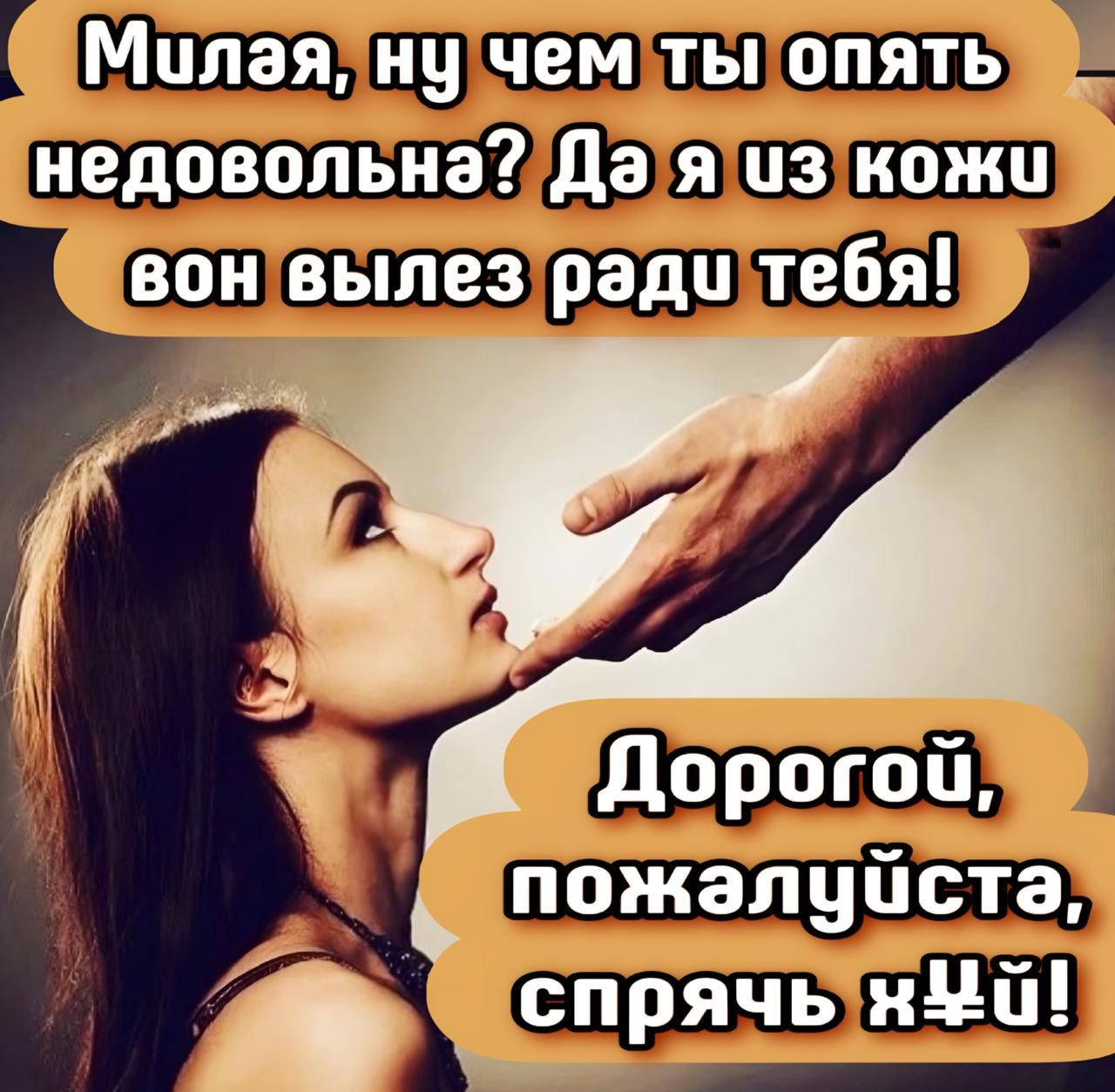 Милая, ну чем ты опять недовольна? Да я из кожи вон вылез ради тебя! Дорогой, пожалуйста, спрячь хуй!