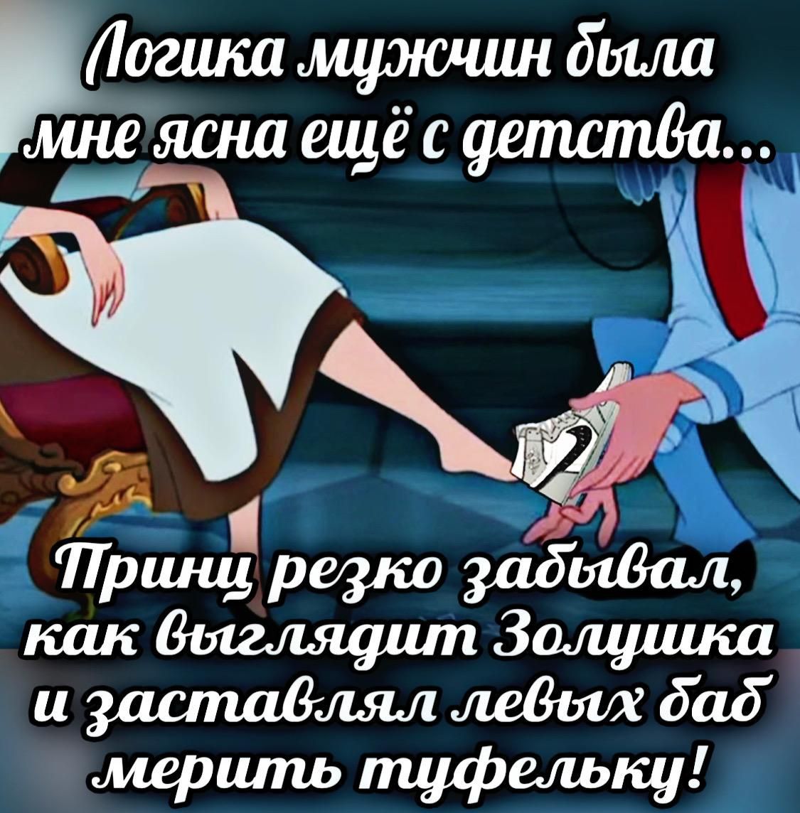 Логика мужчин была мне ясна ещё с детства... Принц резко забывал, как выглядит Золушка и заставлял левый баб мерить туфельку!