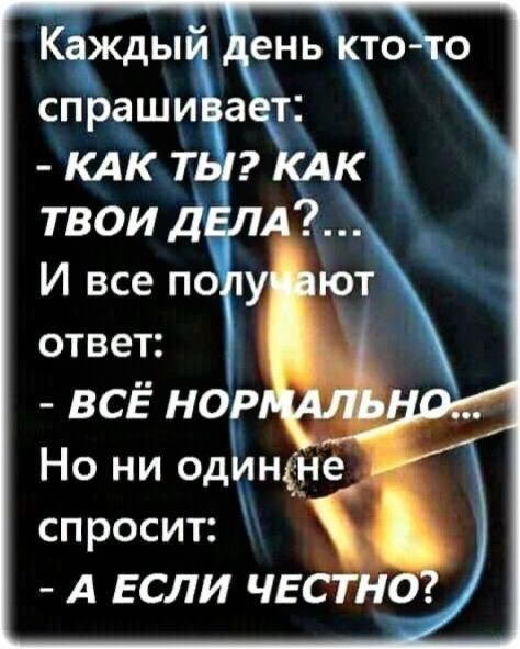 Каждый день кто-то спрашивает: - КАК ТЫ? КАК ТВОИ ДЕЛА?... И все получают ответ: - ВСЁ НОРМАЛЬНО... Но ни один не спросит: - А ЕСЛИ ЧЕСТНО?