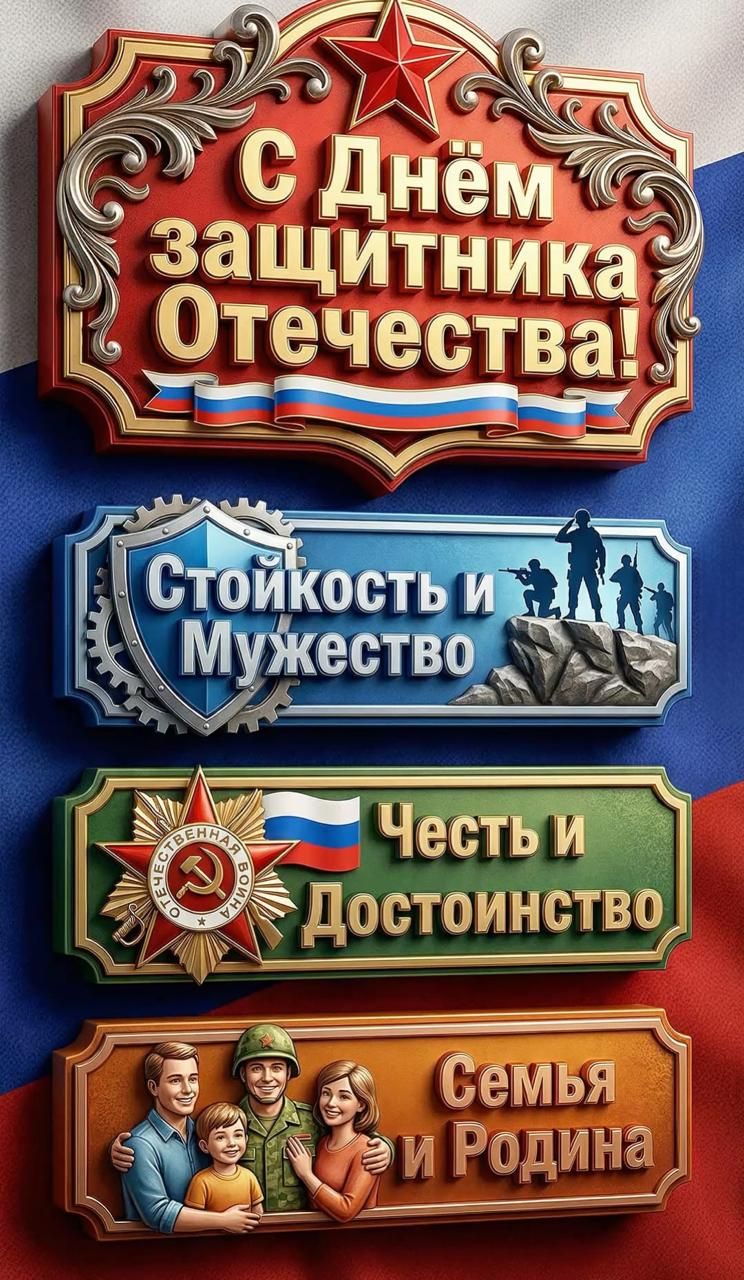С Днём защитника Отечества!
Стойкость и Мужество
Честь и Достоинство
Семья и Родина