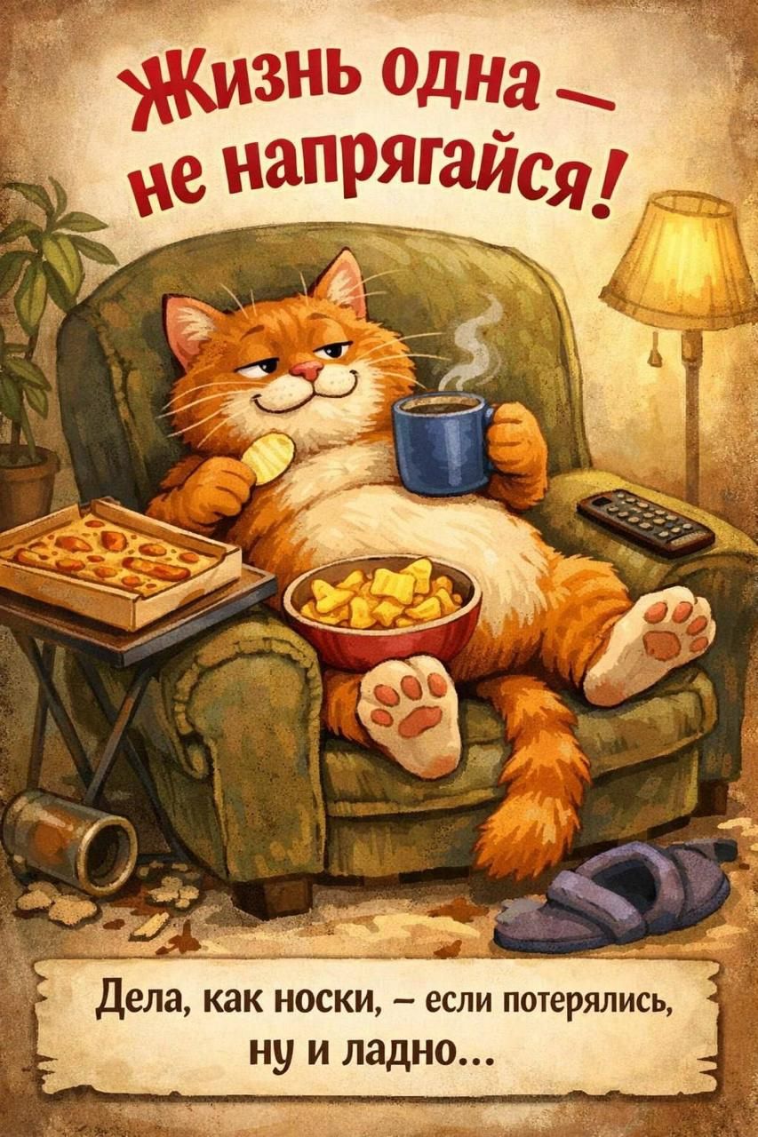 Жизнь одна - не напрягайся! Дела, как носки, - если потерялись, ну и ладно...