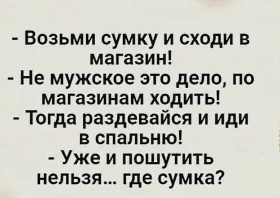 Возьми сумку и сходи в магазин Не мужское это дело по магазинам ходить Тогда раздевайся и иди в спальню Уже и пошутить нельзя где сум ка