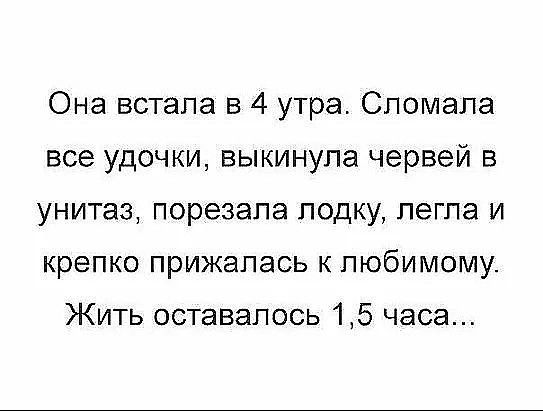 Она встала в 4 утра Сломала все удочки выкинула червей в унитаз порезала лодку легла и крепко прижалась к любимому Жить оставалось 15 часа