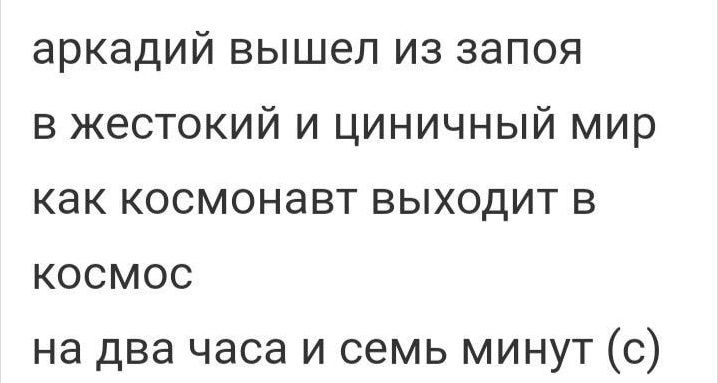 аркадий вышел из запоя в жестокий и циничный мир как космонавт выходит в космос на два часа и семь минут с