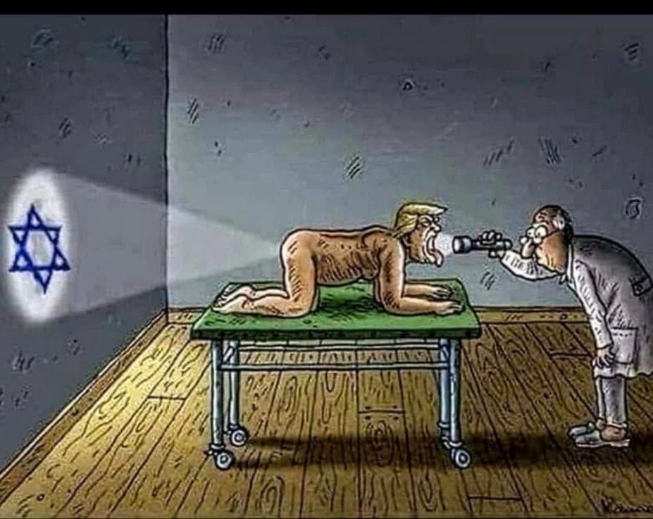 Карикатура: мужчина на столе, врач приносит микрофон; в стене звезда Давида