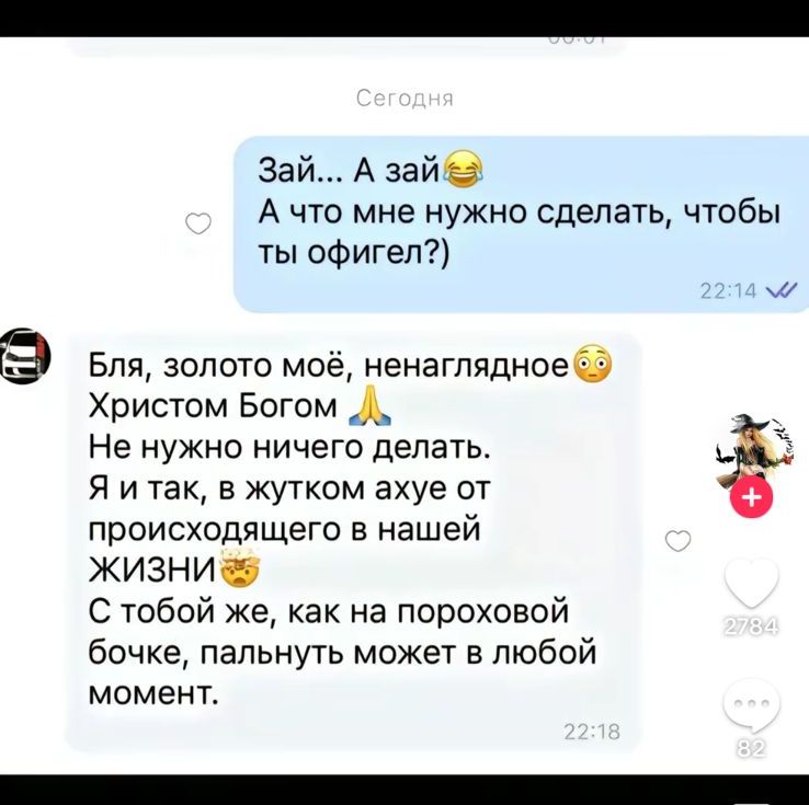 Зай А зай А что мне нужно сделать чтобы ты офигел Бля золото моё ненаглядноеф Христом Богом А НЕ НУЖНО НИЧЕГО дЕЛЕТЬ Я и так в жутком ахуе от происходящего в нашей ЖИЗНИ С тобой же как на пороховой бочке папьнуть может в любой момент
