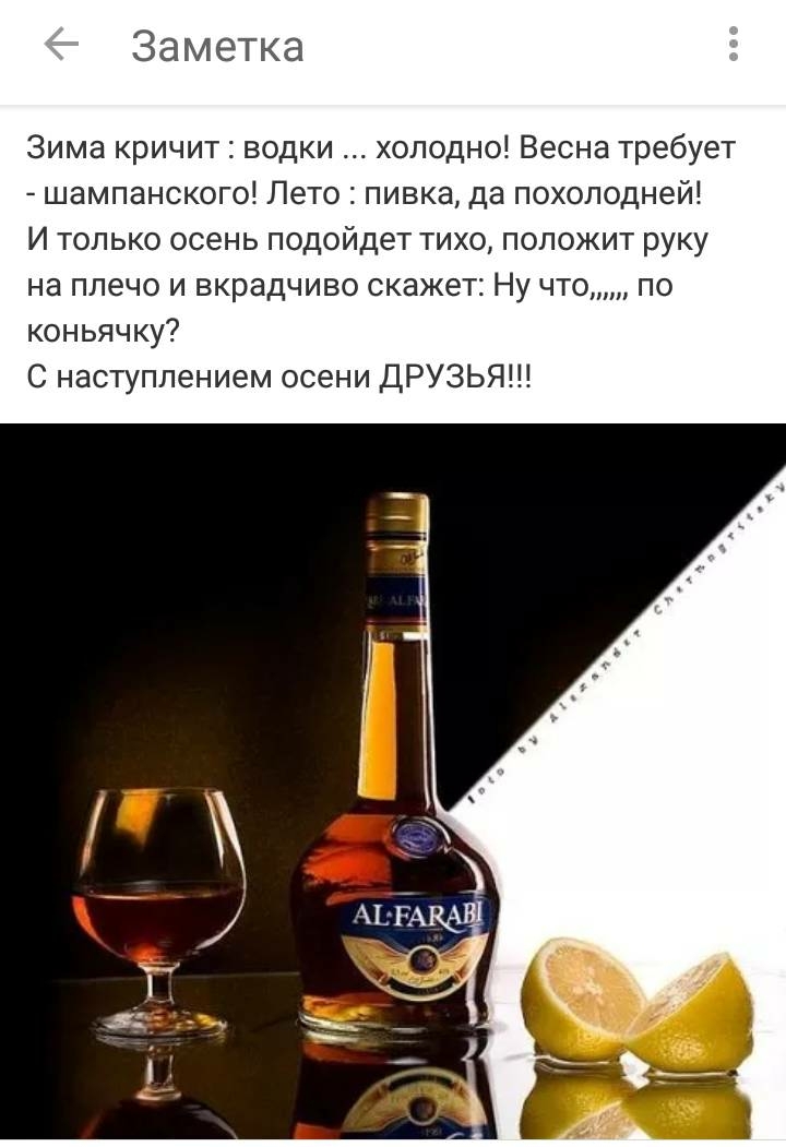 Заметка Зима кричит водки холодно Весна требует шампанского Лето пивка да похолодней И только осень подойдет тихо положит руку на плечо и вкрадчиво скажет Ну что по коньячку С наступлением осени ДРУЗЬЯ