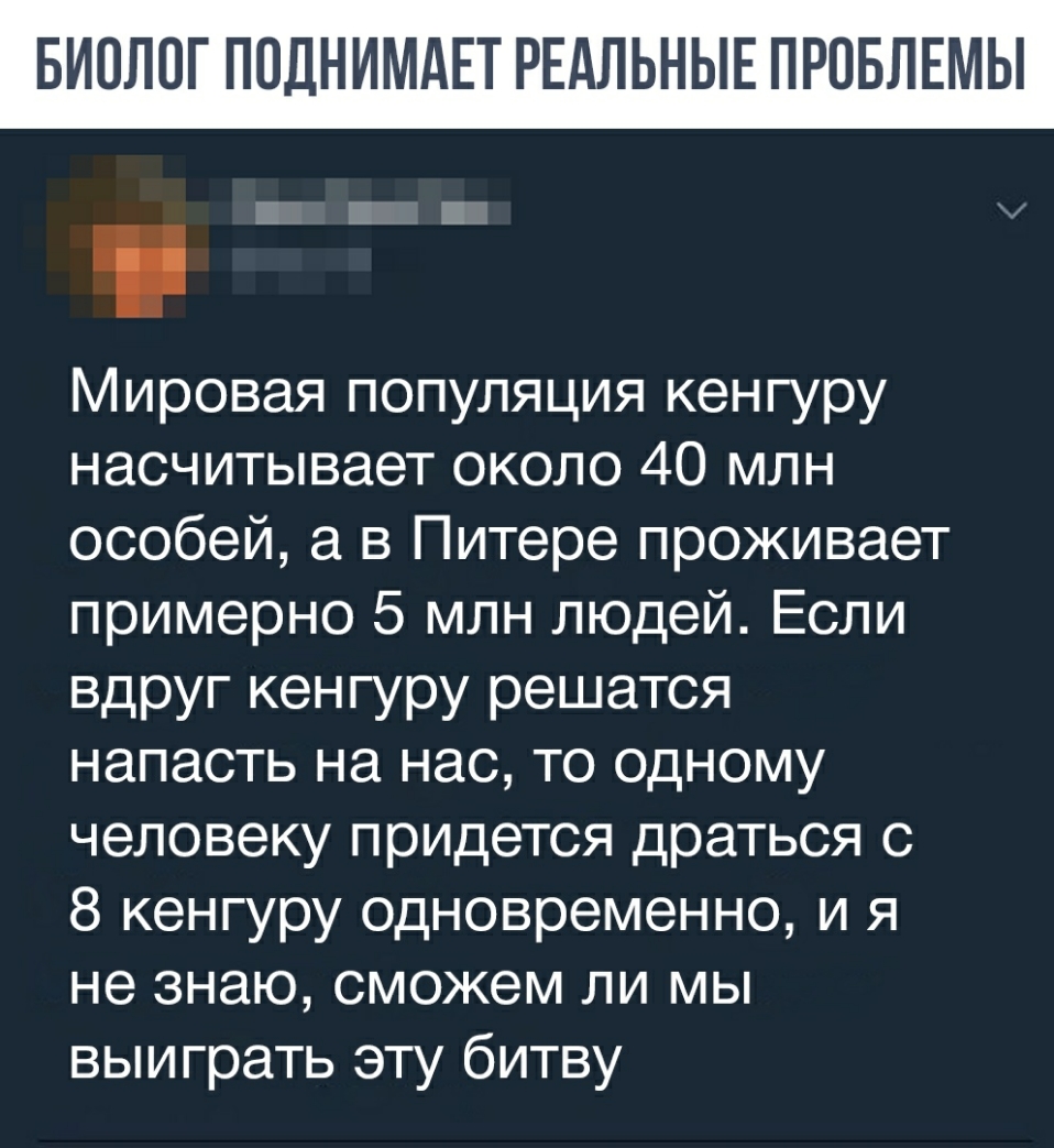 Мировая популяция кенгуру насчитывает около 40 млн особей а в Питере проживает примерно 5 млн людей Если вдруг кенгуру решатся напасть на нас то одному человеку придется драться с 8 кенгуру одновременно и я не знаю сможем ли мы выиграть эту битву
