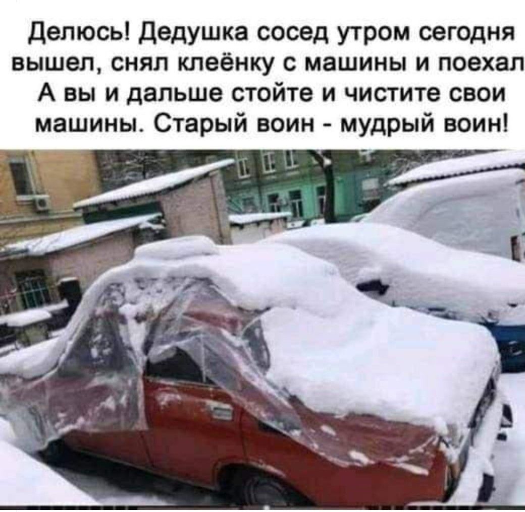 Делюсь дедушка сосед утром сегодня вышел снял кпеёнку с машины и поехал А вы и дальше стойте и чистите свои машины Старый воин мудрый воин