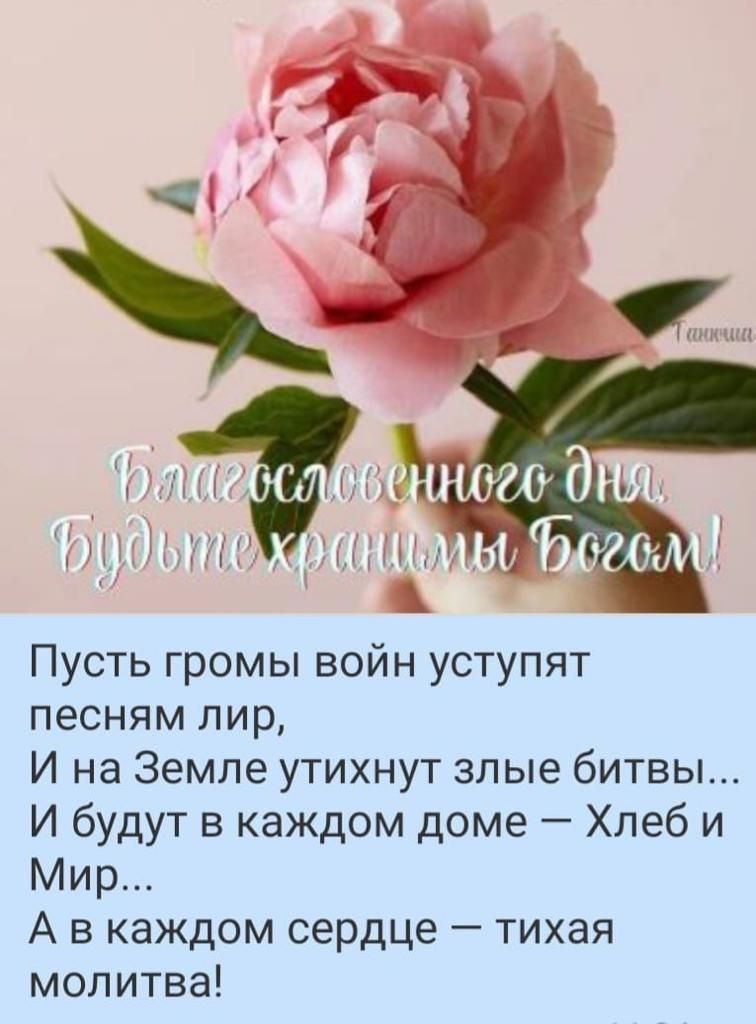 Пусть громы войн уступят песням пир И на Земле утихнут злые битвы И будут в каждом доме Хлеб и Мир А в каждом сердце тихая молитва