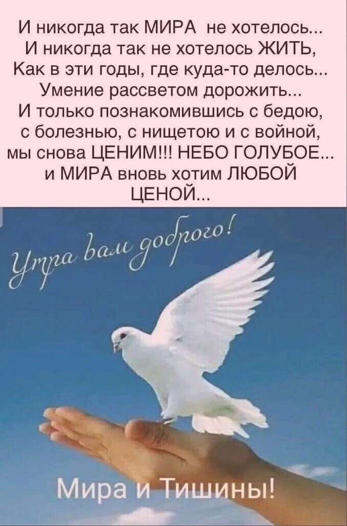 И никогда так МИРА не хотелось И никогда так не хотелось ЖИТЬ Как в эти годы где куда то делось Умение рассветом дорожить И только познакомившись бедою с болезнью с нищетою и с войной мы снова ЦЕНИМ НЕБО ГОЛУБОЕ и МИРА вновь хотим ЛЮБОЙ ЦЕНОЙ _жо Ру ИМЯ707 Мира и Тичины