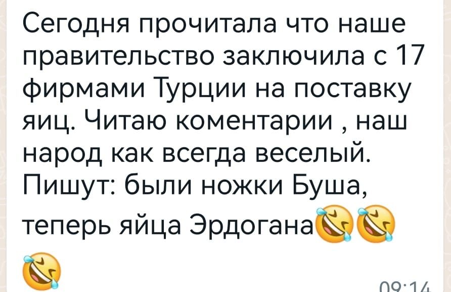 Сегодня прочитала что наше правительство заключила с 17 фирмами Турции на поставку яиц Читаю коментарии наш народ как всегда веселый Пишут были ножки Буша теперь яйца Эрдоганаее ПО1