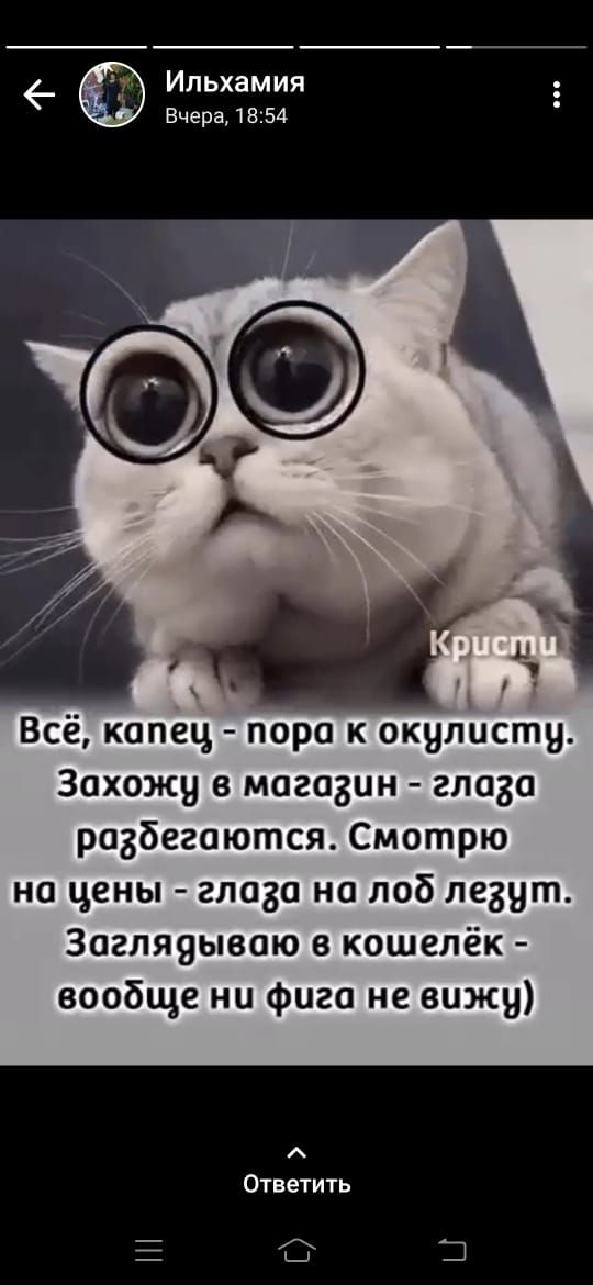 Ильхамия Вчера 1851 Всё капец пора к окулисту Захожу в магазин глади разбегаются Смотрю на цены глаза на лоб лезут Загляяьюаю кошелёк вообще ни фига не вижу Ответить С Э