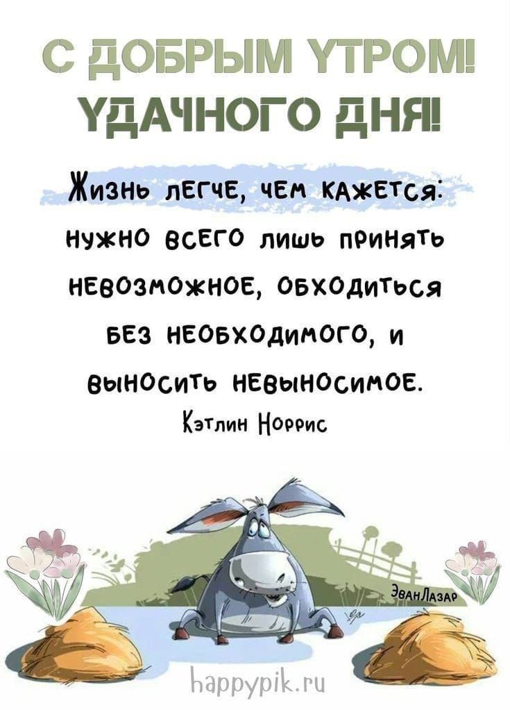 С ДОБРЫМ УТРОМ УДАЧНОГО ДНЯ Жизнь лЕСчЕ ЧЕМ КАЖЕТСЯ НУЖНО ВСЕГО лишь пеиНятьЬ НЕВОЗМОЖНОЕ ОБХОДИТЬСЯ БЕЗ НЕОБХОДИМОГО и ВынНОсить НЕВЫНОСИМОЕ Кэтлин Ноерис аррурйК гч