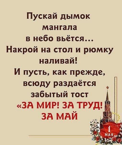 Пускай дымок мангала в небо вьётся… Накрой на стол и рюмку наливай! И пусть, как прежде, всюду раздаётся забытый тост «ЗА МИР! ЗА ТРУД! ЗА МАЙ»
