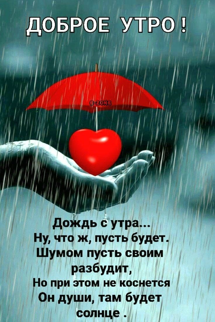 ДОБРОЕ УТРО !

Дождь с утра...
Ну, что ж, пусть будет.
Шумом пусть своим разбудит,
Но при этом не коснется
Он души, там будет солнце.