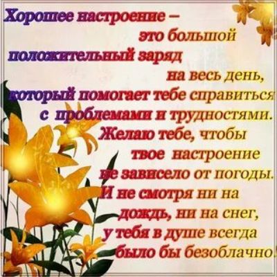 Хорошее настроение – это большой положительный заряд на весь день, который помогает тебе справиться с проблемами и трудностями. Желаю тебе, чтобы твоё настроение не зависело от погоды. И не смотря ни на дождь, ни на снег, у тебя в душе всегда было бы безоблачно.