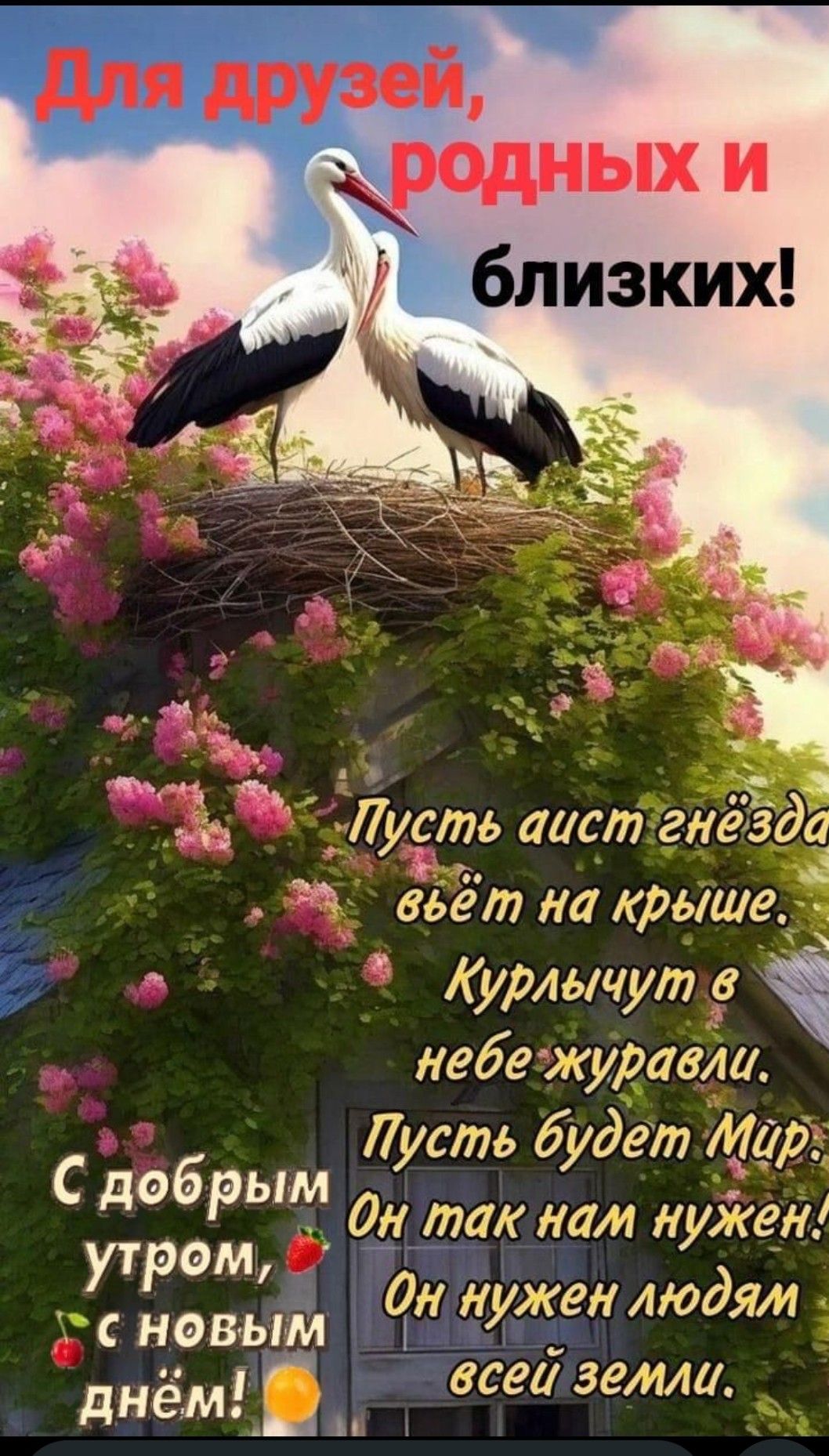 Для друзей, родных и близких!
Пусть аист гнёзда вьёт на крыше.
Курлычит в небе журавли.
Пусть будет Мир.
Он так нам нужен!
Он нужен людям всей земли.
С добрым Утром, с новым днём!
