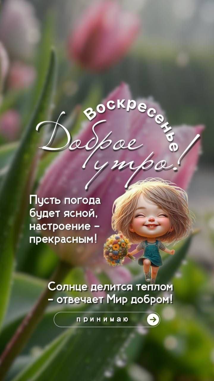 Воскресенье
Доброе утро!
Пусть погода будет ясной, настроение - прекрасным!
Солнце делится теплом - отвечает Мир добром!