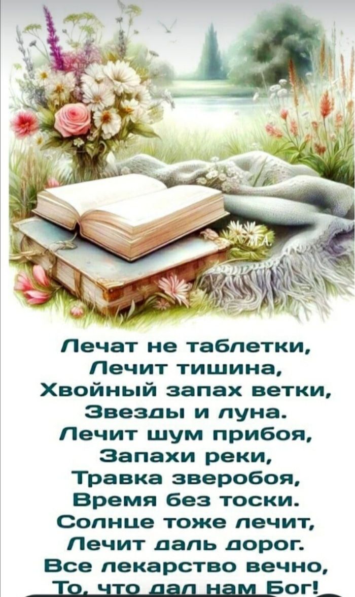 Лечат не таблетки,
Лечит тишина,
Хвойный запах ветки,
Звезды и луна.
Лечит шум прибоя,
Запахи реки,
Травка зверобоя,
Время без тоски.
Солнце тоже лечит,
Лечит даль дорогу.
Все лекарство вечно,
То, что дал нам Бог!