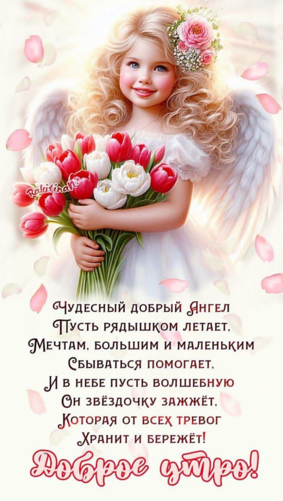 Чудесный добрый Ангел
Пусть рядышком летает.
Мечтам, большим и маленьким
Сбываться помогает.
И в небе пусть волшебную
Он звёздочку зажжёт,
Которая от всех тревог
Хранит и бережёт!
Доброе утро!