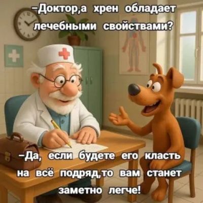 – Доктор, а хрен обладает лечебными свойствами?
– Да, если будете его класть на всё подряд, то вам станет заметно легче!