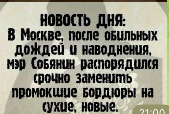НОВОСТЬ ДНЯ: В Москве, после обильных дождей и наводнения, мэр Собянин распорядился срочно заменить промокшие бордюры на сухие, новые.