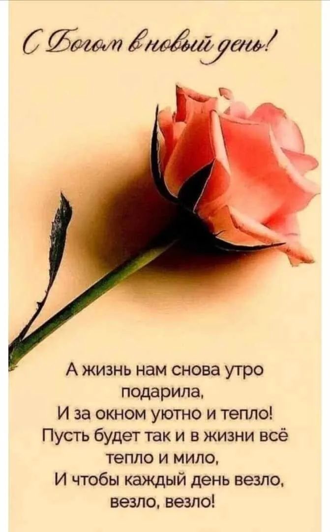 С Богом в новый день!
А жизнь нам снова утро подарила,
И за окном уютно и тепло!
Пусть будет так и в жизни всё тепло и мило,
И чтобы каждый день везло, везло, везло!